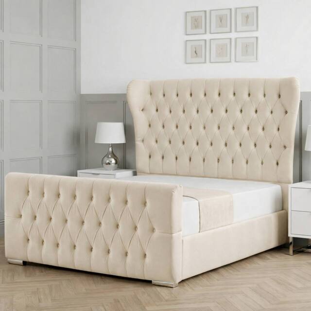 Living Comfort Bedz Velvetine Plush Velvet Upholstered Bed Slatted Base - 48Inch Headboard in Cream - Size: Small Double - image 1