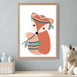 ARTZE Fox Tribal Animal Framed Print SIZE: A2 with Oak Frame in Orange - thumbnail 2