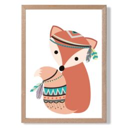 ARTZE Fox Tribal Animal Framed Print SIZE: A2 with Oak Frame in Orange
