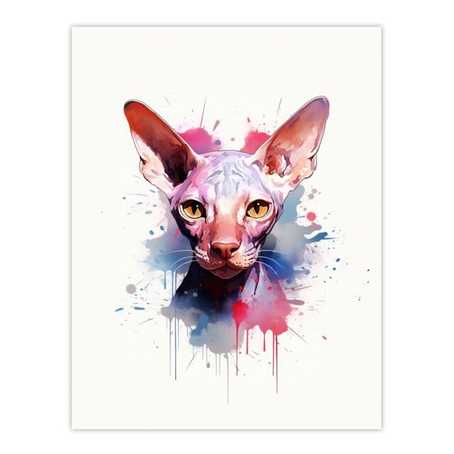 "Artery8 Wall Art Print Sphynx Cat Lovers Gift Watercolour Pet Portrait Painting Artwork Poster - Size: W24"" x H32""" - image 1