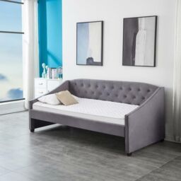 KOSY KOALA Daybed Velvet Sofa Bed With Underbed Trundle With 2 Mattresses in Grey - Size: Single - thumbnail 4