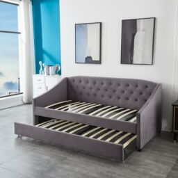 KOSY KOALA Daybed Velvet Sofa Bed With Underbed Trundle With 2 Mattresses in Grey - Size: Single - thumbnail 5