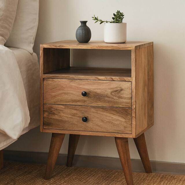 Direct Wicker Solid Wood Classic Oak-ish Bedside, 2 Drawers, 1 Open Slot in Brown - Size: 1 Pack - image 1