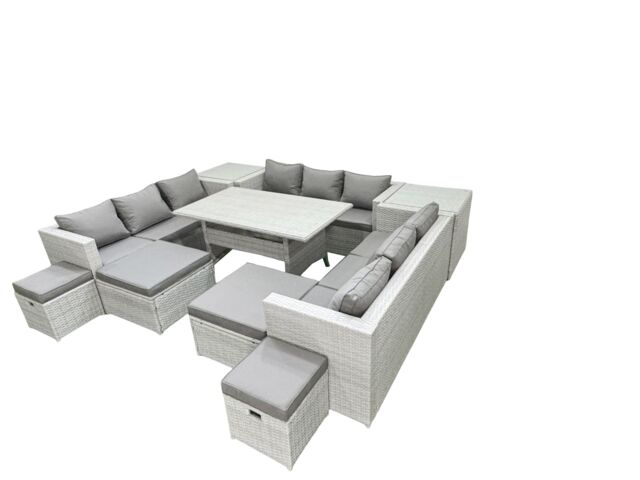 Fimous Rattan Garden Furniture Dining Set 13 Seater Lounge Sofa Dining Table Set with 4 Footstools 2 Side Tables Light Grey Mixed - image 1