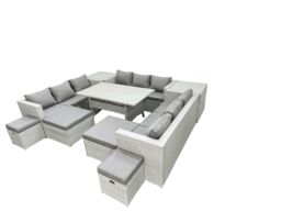 Fimous Rattan Garden Furniture Dining Set 13 Seater Lounge Sofa Dining Table Set with 4 Footstools 2 Side Tables Light Grey Mixed - thumbnail 2