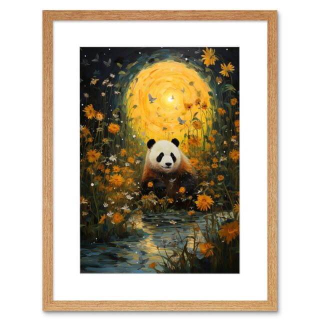 Artery8 Wall Art Print Harvest Moon Panda Landscape Oil Painting Panda Bear in a Wildflower Meadow w/ Flowing Stream Kids Bedroom Artwork Framed 9X7 - image 1
