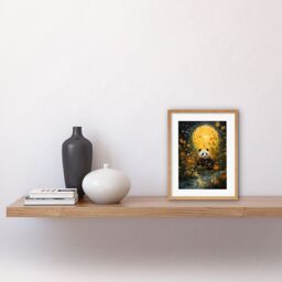 Artery8 Wall Art Print Harvest Moon Panda Landscape Oil Painting Panda Bear in a Wildflower Meadow w/ Flowing Stream Kids Bedroom Artwork Framed 9X7 - thumbnail 2