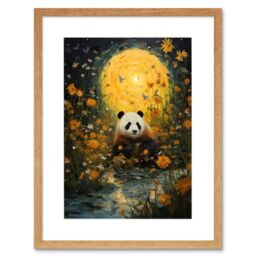 Artery8 Wall Art Print Harvest Moon Panda Landscape Oil Painting Panda Bear in a Wildflower Meadow w/ Flowing Stream Kids Bedroom Artwork Framed 9X7 - thumbnail 1