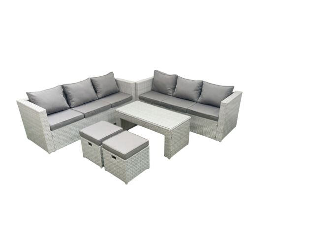 Fimous 8 Seater Garden Outdoor Rattan Furniture Set Rattan Garden Sofa Oblong Coffee Table with 2 Small Footstool Light Grey Mixed - image 1