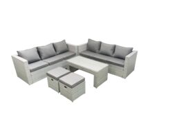 Fimous 8 Seater Garden Outdoor Rattan Furniture Set Rattan Garden Sofa Oblong Coffee Table with 2 Small Footstool Light Grey Mixed - thumbnail 2