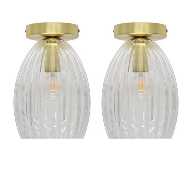 First Choice Lighting Set of 2 Birch - Clear Fluted Glass Satin Brass Ceiling Light Fittings - image 1