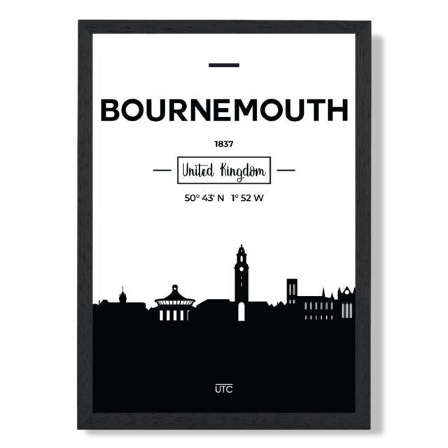 ARTZE Bournemouth Black & White City Skyline Framed Print SIZE: A3 with Black Frame - Size: A4 - image 1