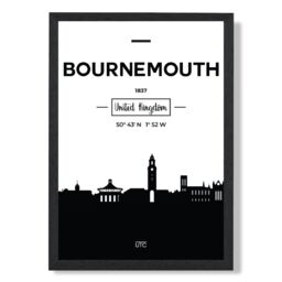 ARTZE Bournemouth Black & White City Skyline Framed Print SIZE: A3 with Black Frame - Size: A4 - thumbnail 1