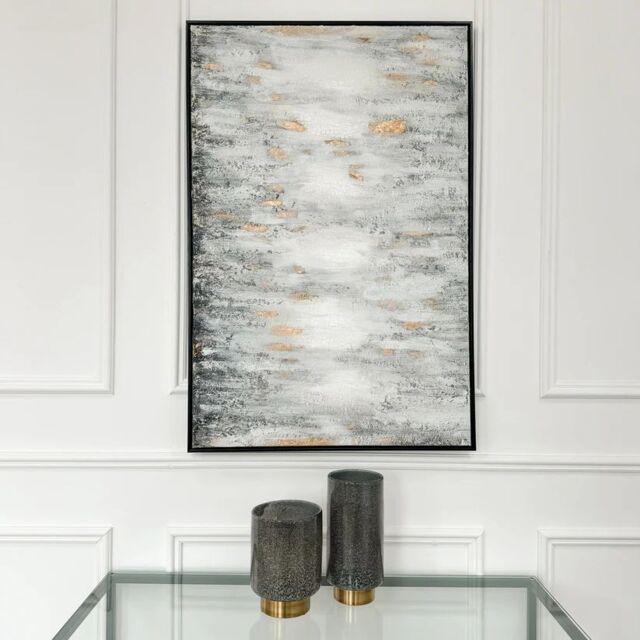 Modish Furnishing White & Black Faded Wall Art with Gold Accents & Black Frame - image 1