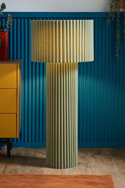 ValueLights Lenny Drum Lamp Shade Colour Drench Ribbed Full Fabric Midi Floor Lamp in Pale Green - image 1