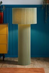 ValueLights Lenny Drum Lamp Shade Colour Drench Ribbed Full Fabric Midi Floor Lamp in Pale Green