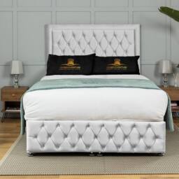 UK Bed Furniture Kingston End Lift Divan Ottoman Bed with 54 Inch Tall Headboard in White - Size: Super King