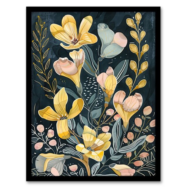 "Artery8 Ochre Freesia Flowers Painting Dark Wildflowers Framed Art Print in Yellow - Size: W12"" x H16""" - image 1