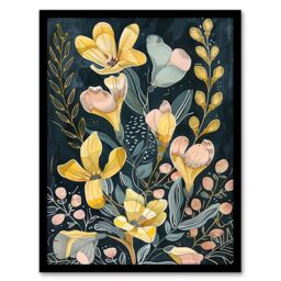 "Artery8 Ochre Freesia Flowers Painting Dark Wildflowers Framed Art Print in Yellow - Size: W12"" x H16""" - thumbnail 1