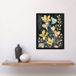 "Artery8 Ochre Freesia Flowers Painting Dark Wildflowers Framed Art Print in Yellow - Size: W12"" x H16""" - thumbnail 4