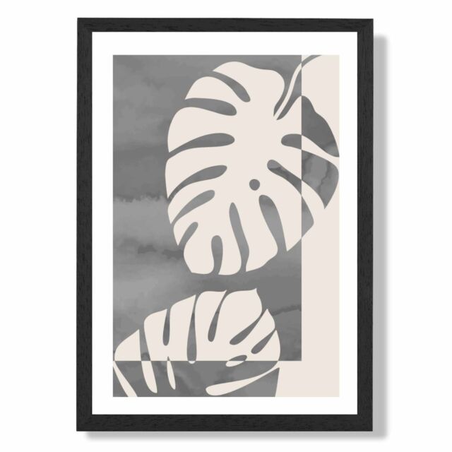 ARTZE Grey Monstera Mid Century Tropical Framed Print SIZE: A2 with Black Frame in Mid Grey - Size: A4 - image 1
