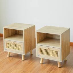 Abrihome Set of 2 Rattan Nightstand Cabinet with Storage Space & Shelves in Natural - Size: 2 Pack - thumbnail 1