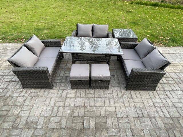 Fimous Wicker PE Rattan Garden Furniture Sets Outdoor Lounge Sofa Set with Oblong Dining Table Double Seat Sofa Side Table in Dark Grey - image 1