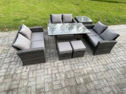 Fimous Wicker PE Rattan Garden Furniture Sets Outdoor Lounge Sofa Set with Oblong Dining Table Double Seat Sofa Side Table in Dark Grey - thumbnail 2