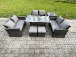 Fimous Wicker PE Rattan Garden Furniture Sets Outdoor Lounge Sofa Set with Oblong Dining Table Double Seat Sofa Side Table in Dark Grey