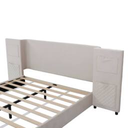 Merax 4ft6 Double Beige Velvet Wingback Bed with Headboard Storage Pockets - thumbnail 7
