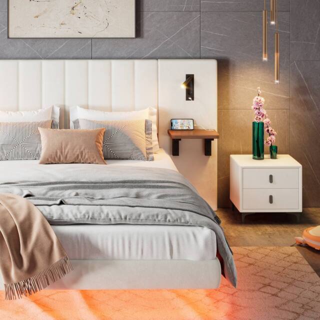 BTM Velvet Bed with Charging, Storage Headboard & Bedside Lamps in White - Size: King - image 1