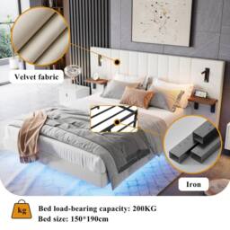BTM Velvet Bed with Charging, Storage Headboard & Bedside Lamps in White - Size: King - thumbnail 6