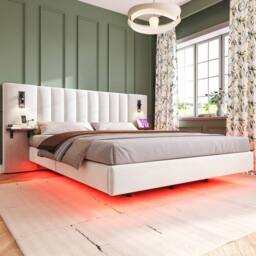 BTM Velvet Bed with Charging, Storage Headboard & Bedside Lamps in White - Size: King - thumbnail 8