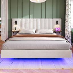 BTM Velvet Bed with Charging, Storage Headboard & Bedside Lamps in White - Size: King - thumbnail 7