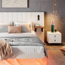 BTM Velvet Bed with Charging, Storage Headboard & Bedside Lamps in White - Size: King - thumbnail 1