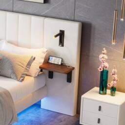 BTM Velvet Bed with Charging, Storage Headboard & Bedside Lamps in White - Size: King - thumbnail 3