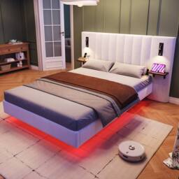 BTM Velvet Bed with Charging, Storage Headboard & Bedside Lamps in White - Size: King - thumbnail 4