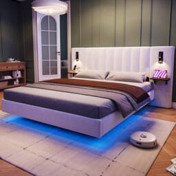 BTM Velvet Bed with Charging, Storage Headboard & Bedside Lamps in White - Size: King - thumbnail 2
