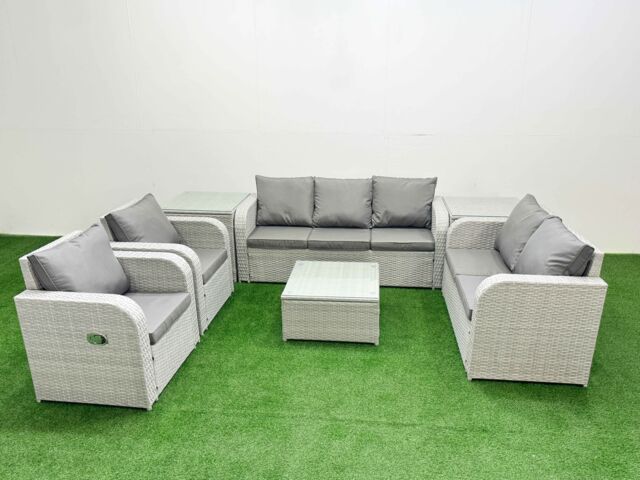 Fimous PE Rattan Garden Furniture Set Adjustable Chair Sofa Double Love Seat 2 Seater Sofa Lounge Set Square Coffee Table 2 Side Table Light Grey - image 1