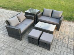 Fimous Wicker Rattan Garden Furniture Sofa Set with Rectangular Coffee Table Double Seat Sofa 2 Small Footstool Side Table 6 Seater in Dark Grey - thumbnail 2