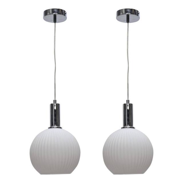 First Choice Lighting Set of 2 Betchley - White Ribbed Glass Globe Chrome Deco Pendants - image 1