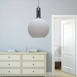 First Choice Lighting Set of 2 Betchley - White Ribbed Glass Globe Chrome Deco Pendants - thumbnail 5