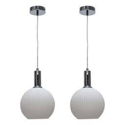 First Choice Lighting Set of 2 Betchley - White Ribbed Glass Globe Chrome Deco Pendants - thumbnail 1