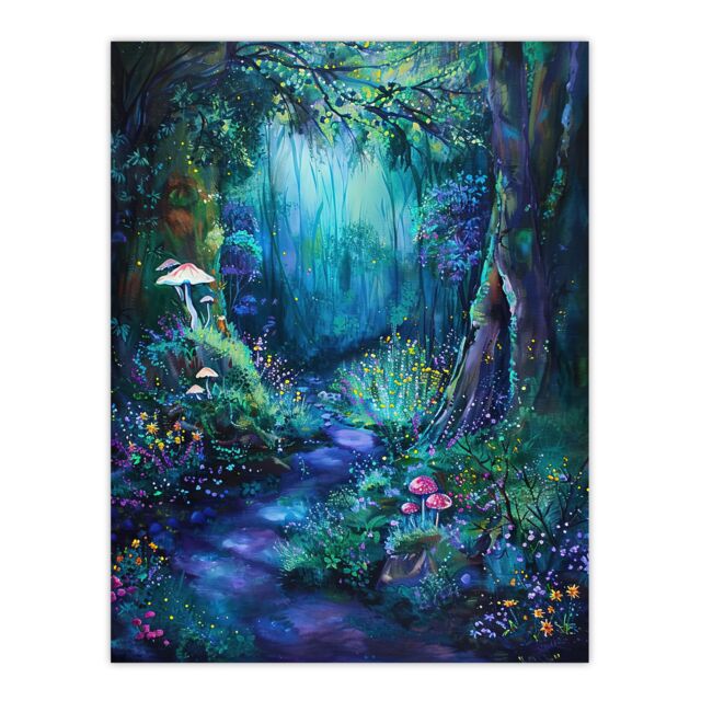 "Artery8 Enchanted Forest Bioluminescent Fantasy Magical Wall Art Print in Blue - Size: W18"" x H24""" - image 1
