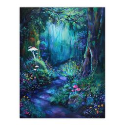 "Artery8 Enchanted Forest Bioluminescent Fantasy Magical Wall Art Print in Blue - Size: W18"" x H24""" - thumbnail 1