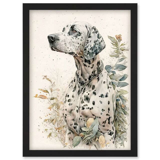 Artery8 Dalmatian Dog in Field Soft Watercolour Pencil Portrait Illustration Artwork Framed Wall Art Print A4 in Black - image 1