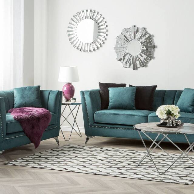 Wyld and Coco Teal Velvet 2+3 Seater Sofa Set - Nailhead Trim Tufted in Blue - image 1