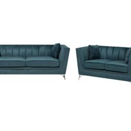 Wyld and Coco Teal Velvet 2+3 Seater Sofa Set - Nailhead Trim Tufted in Blue - thumbnail 2