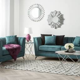 Wyld and Coco Teal Velvet 2+3 Seater Sofa Set - Nailhead Trim Tufted in Blue - thumbnail 1