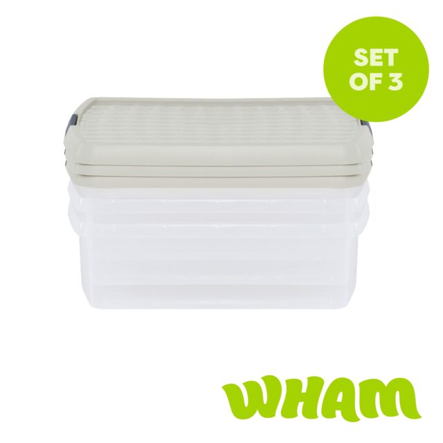 Wham Clip 3x 13.2L Square Plastic Storage Boxes with Clip Lock Lids in Stone - image 1